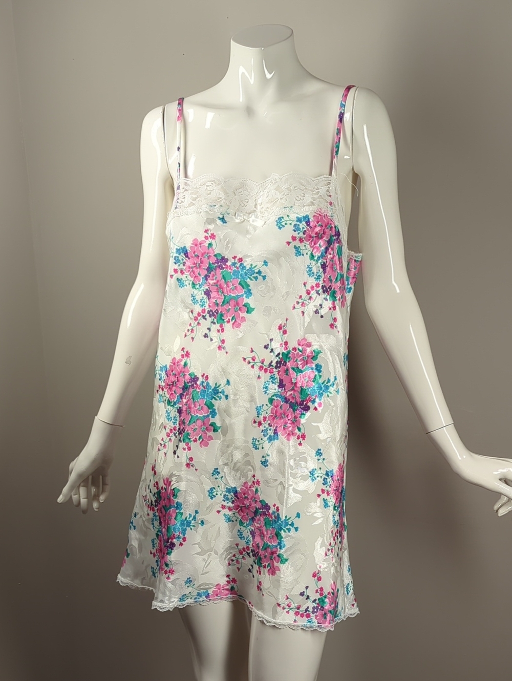 Vintage Satin Floral Lace-Trim Slip Dress - White with Pink & Teal Flowers M/L